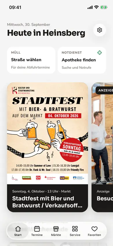 HeinsApp: Startseite der App auf dem Smartphone